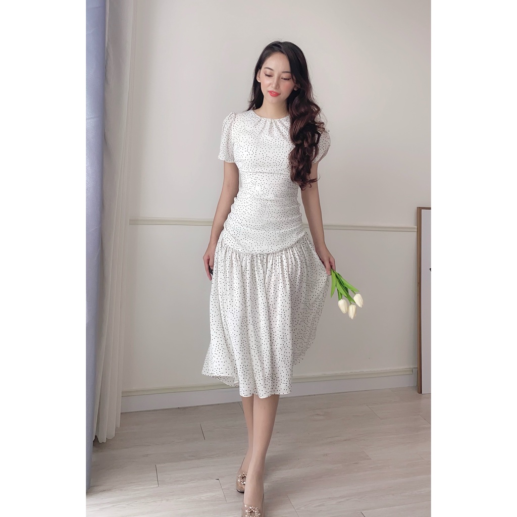 Đầm Maxi Cổ Tròn Kính Siêu Đẹp Chuẩn Gu Quý Cô Sang trọng, Váy xòe, tay ngắn, che bụng, xếp eo, chấm bi, đi làm, du lịch | BigBuy360 - bigbuy360.vn