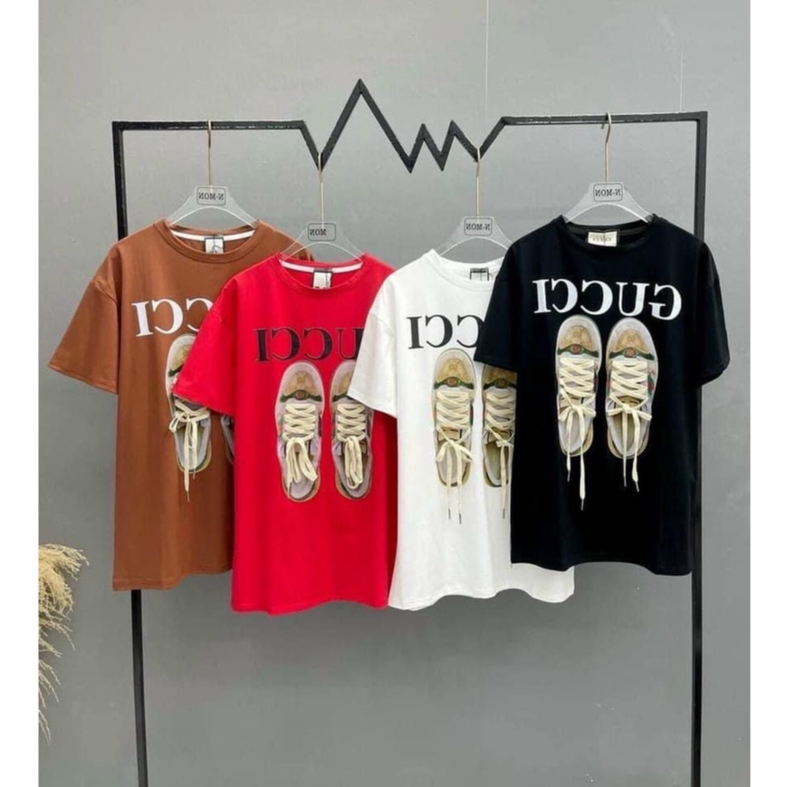 Áo thun tay lỡ unisex đôi giày G G dây thật MOSSSHOP - Áo phông nam nữ phong cách hàn quốc ulzzang form rộng 65kg