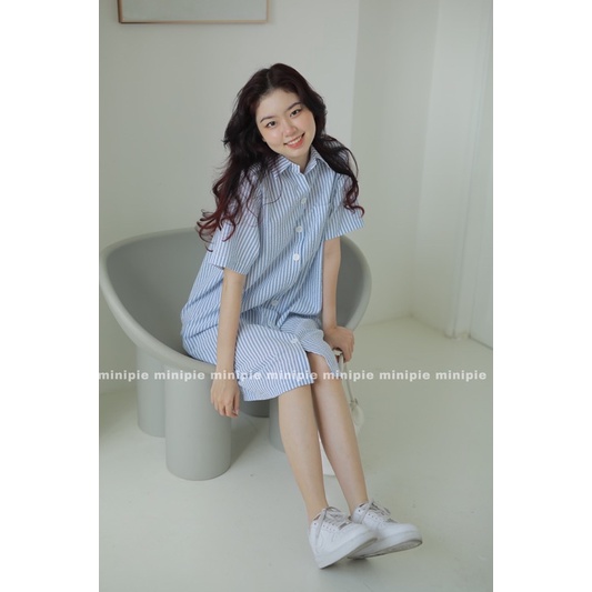 Đầm/Váy Sơ Mi Tay Ngắn Kẻ Sọc Chất Liệu Xốp Cotton Form Rộng Đi Học Màu Xanh/Nâu Minipie