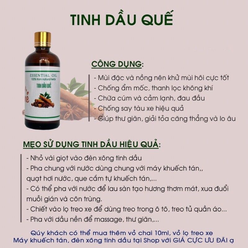Tinh dầu quế Cinnamon Essential Oil, xuất sứ thiên nhiên không pha tạp chất, có giấy kiểm định COA
