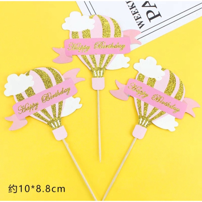 thẻ cắm trang trí bánh [FREESHIP❤️] sét 3 thẻ khinh khí cầu nhũ