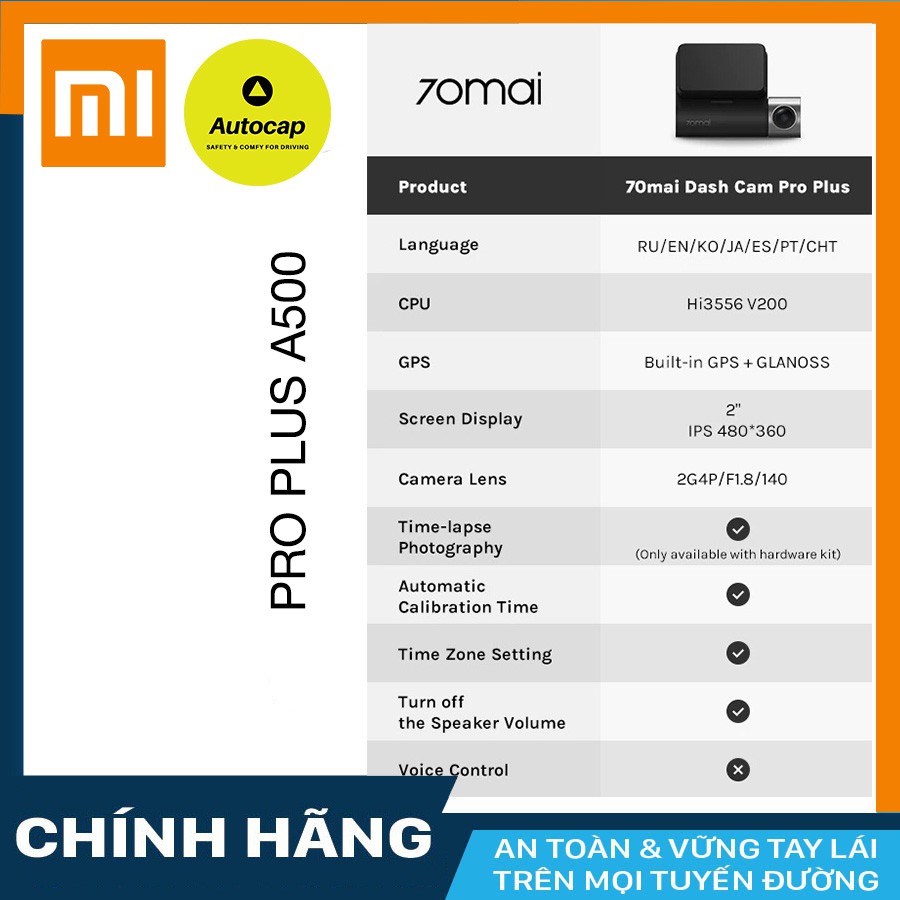 Camera hành trình ô tô Xiaomi 70mai Pro Plus A500 (Bản quốc tế) KM thẻ 32, 64, 128GB Class 10 | BigBuy360 - bigbuy360.vn