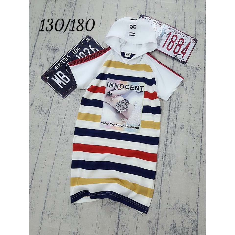 Đầm suông sọc phối nón hoddie thời trang đồng hồ cá tính cho bé gái tuổi teen