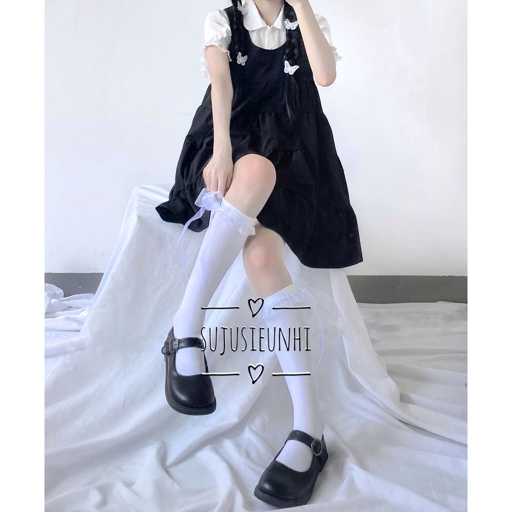 (đen, trắng)Tất/Vớ bắp trơn thắt nơ voan lolita chất liệu mềm mịn, co giãn