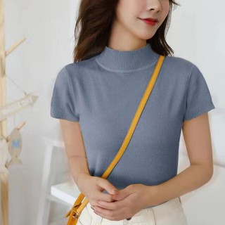 Áo thun dệt kim cổ rùa ngắn tay màu trơn đơn giản thời trang cho nữ