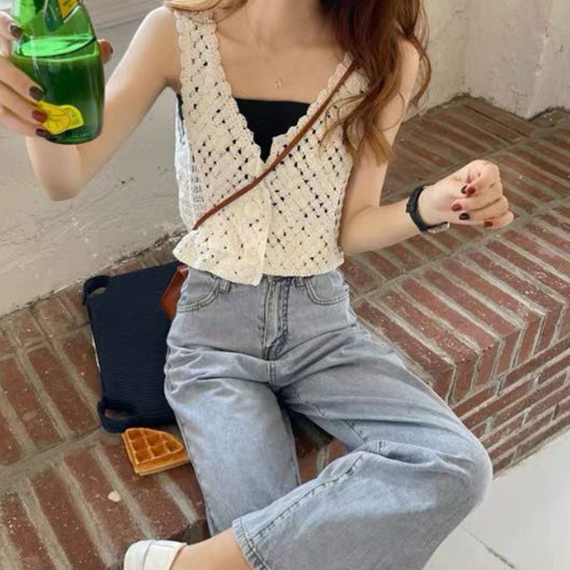 Ivy Áo Tank Top Dệt Kim Ngắn Gọn Nhẹ Khoét Lỗ Hình Học Cài Nút Hình Học Có Nút Áo Khoác Cardiganiga Cho Nữ