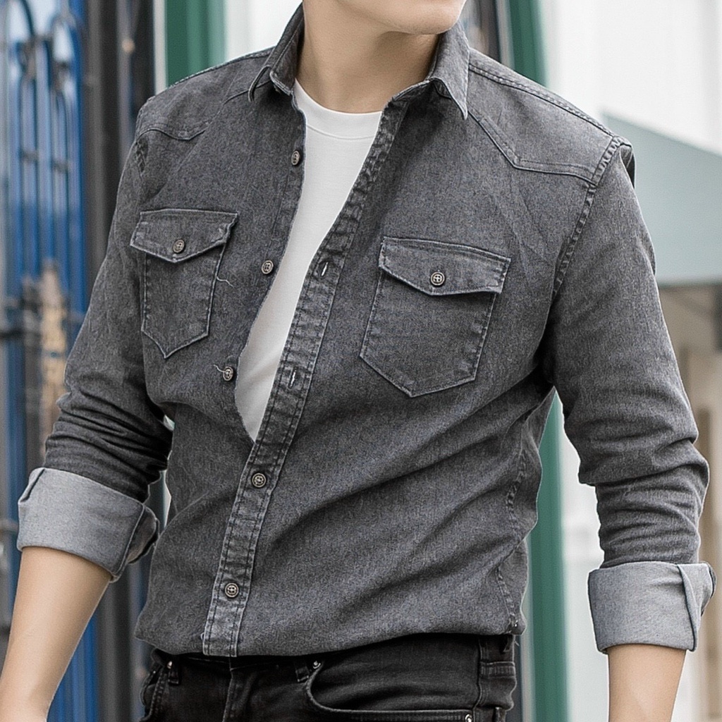 Denim Co Giãn - Áo 2 túi sơmi Denim Musland Xám chất denim shop bán làm bao khách hàng mê mẫn ❤️ ❤️ SMML3 ❤️