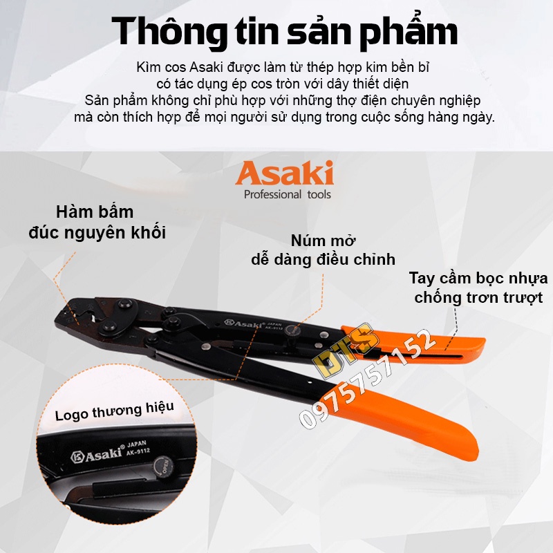 Kìm bấm cos trợ lực hãng Asaki JAPAN, kìm bấm đầu cos tròn cộng lực siêu khoẻ, siêu bền, độ chính xác cao (Kềm bấm cốt)