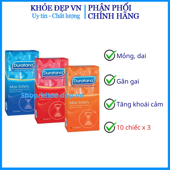 [ che tên] Combo 3 hộp Bao cao su Duratana bcs gân gai siêu bôi trơn - Hộp 10 chiếc x 3