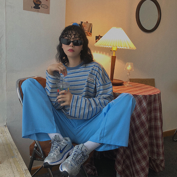 Áo thun thời trang trẻ trung cá tính 1799178Áo thun tay dài dáng rộng kẻ sọc ngang trẻ trung phong cách Harajuku