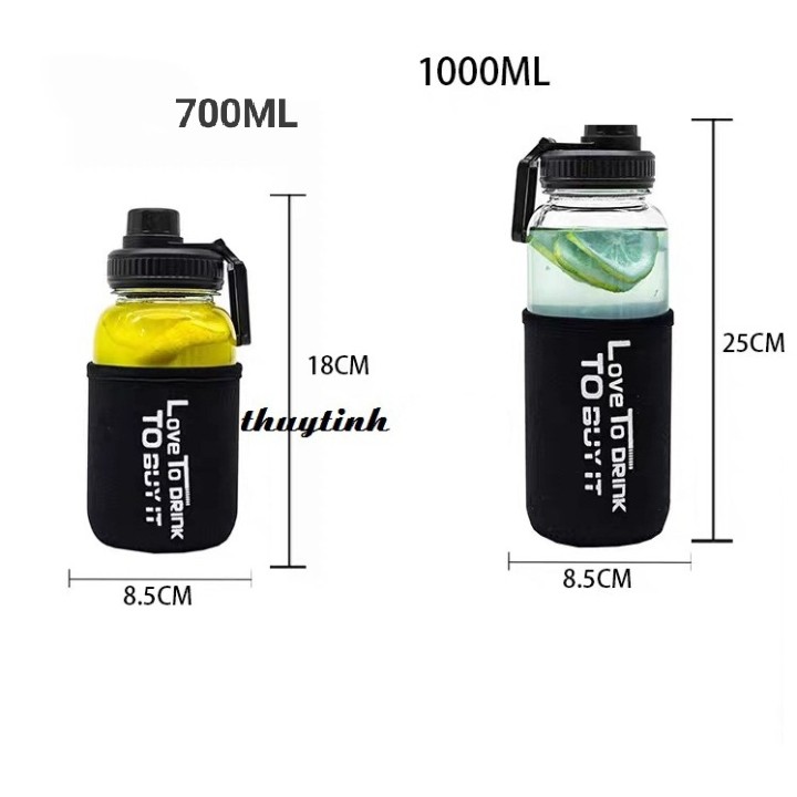 CHAI NƯỚC THỦY TINH 1000ML - CHAI THỦY TINH CÓ BAO ĐEN NẮP NHỰA ĐEN