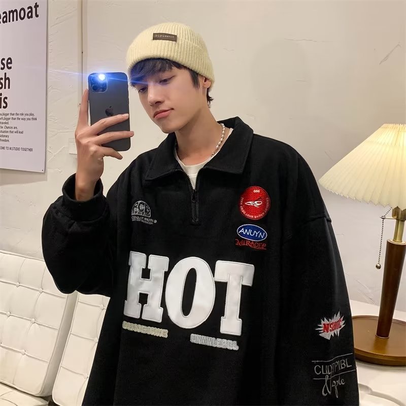 Áo nỉ nam nữ áo nỉ nam thêu chữ phong cách hàn quốc áo nỉ nữ Zip đơn giản áo nỉ cặp đôi tay dài rộng rãi giản dị unisex top