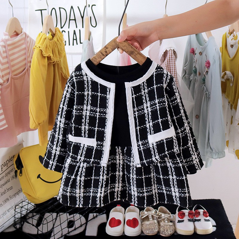 Set Đồ 2 Món Áo Khoác Cardigan + Đầm Sọc Ca Rô Đen Trắng Thời Trang Xuân Thu Cho Bé Gái