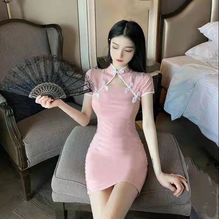 Jiashucheng Sườn Xám Cách Tân Ngắn Tay Ôm Eo Phong Cách Retro