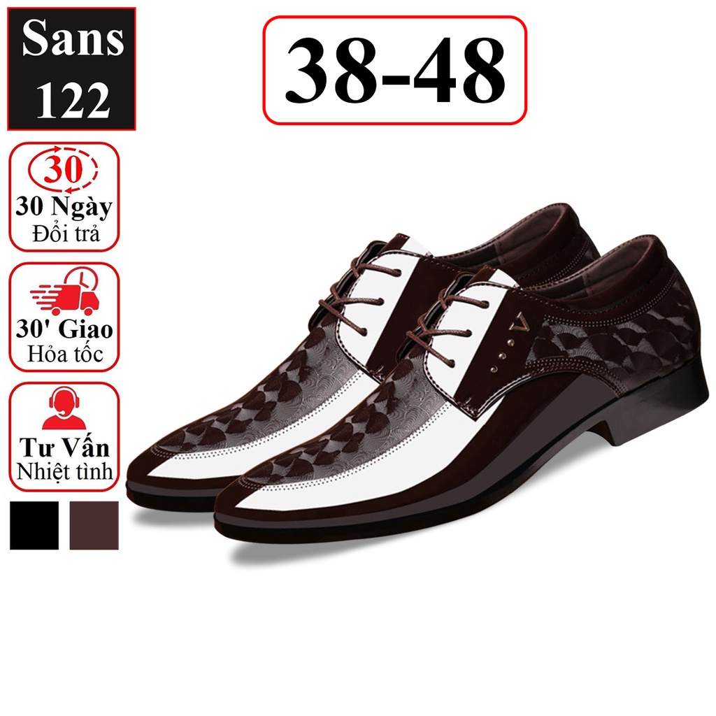 Giày tây nam big size Sans122 giầy da công sở cao cấp buộc dây da bóng 44 45 46 47 48 đen nâu đẹp mũi nhọn hàn quốc