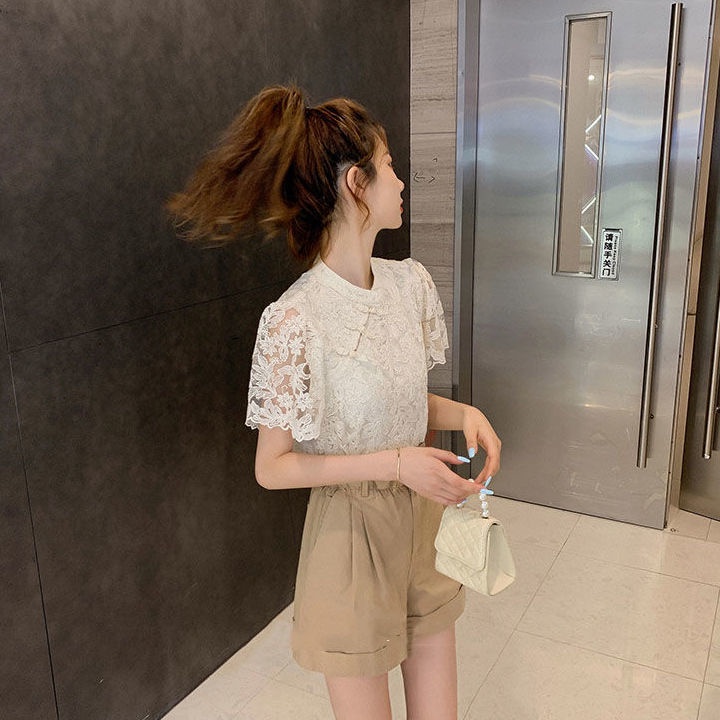 COZOK Áo Sơ Mi Ren Lỗ Tay Ngắn Cổ Đứng Phong Cách Hàn Quốc Dành Cho Nữ