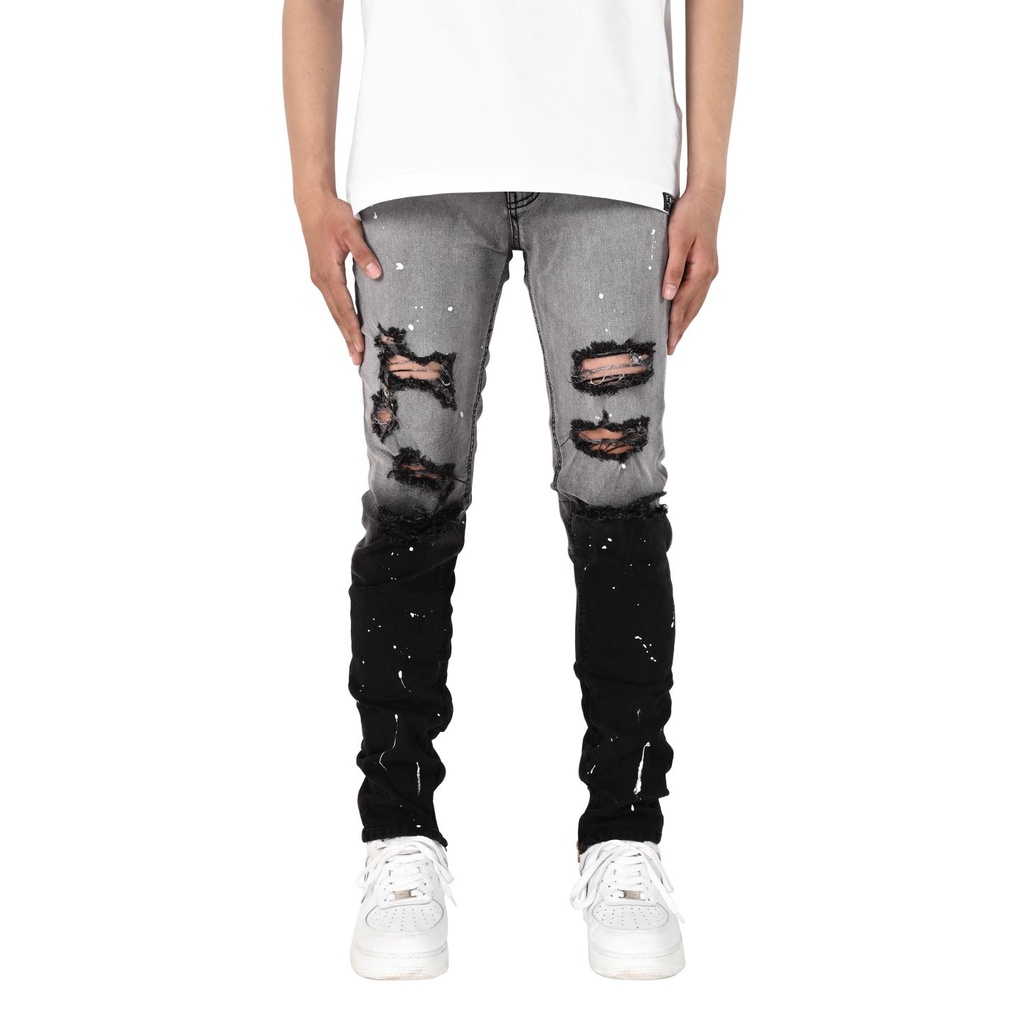 Quần jean nam streetwear cao cấp FNOS Z33 màu xám rách gối form slimfit có zip jean thun co giãn