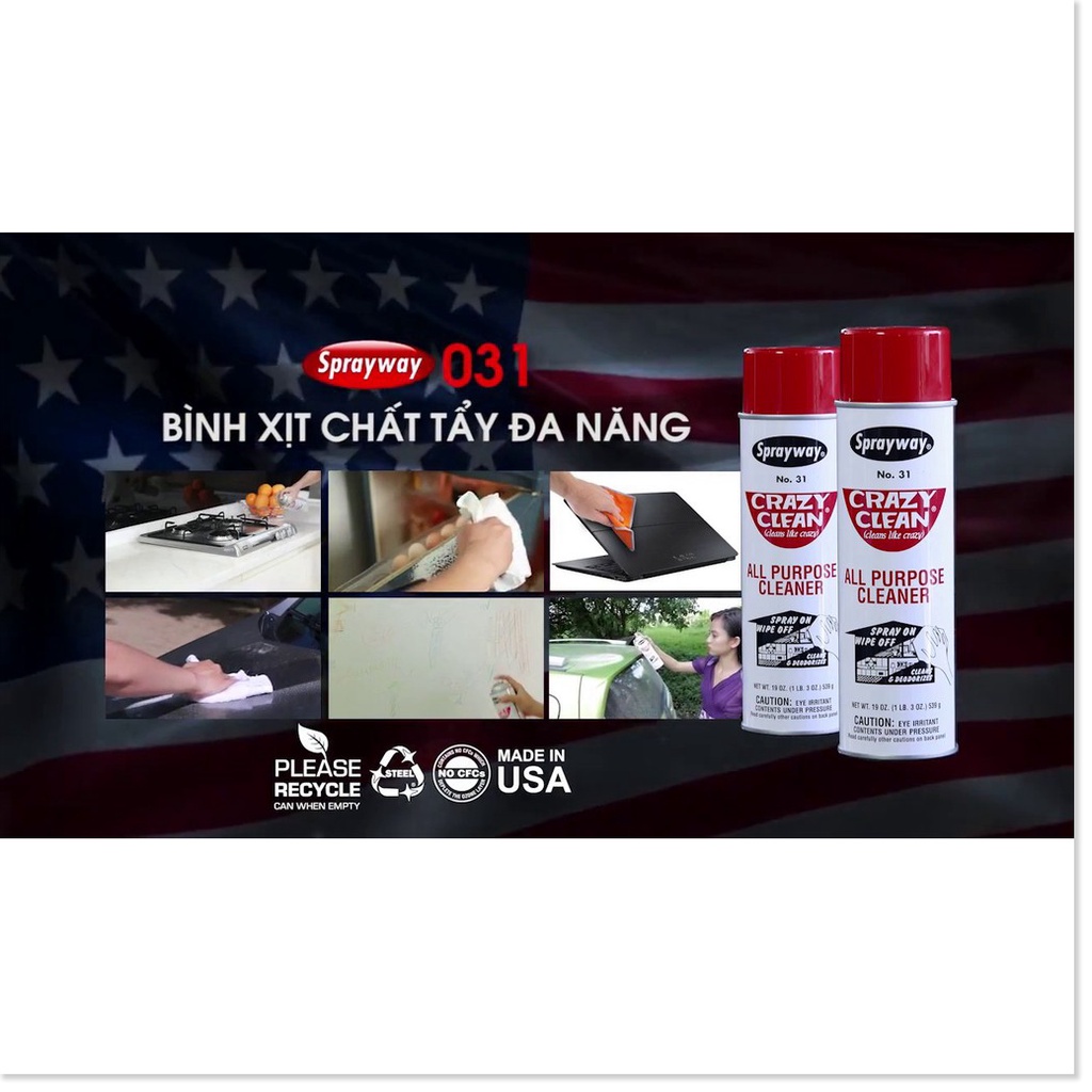 Dung Dịch Xịt Tẩy Đa Năng Sprayway Crazy Clean All Purpose Cleaner 539g Tẩy vết Mực, Tẩy Băng keo, Tẩy Dầu Tặng Kh