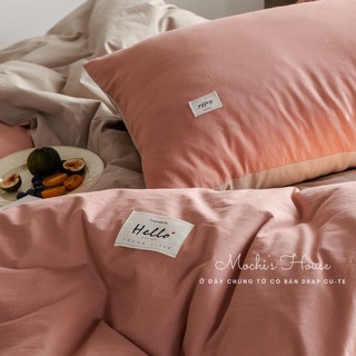 BỘ CHĂN GA GỐI COTTON HÀN QUỐC TICI VẢI MỊN MÁT MÀU CAM ĐẤT PHỐI GHI