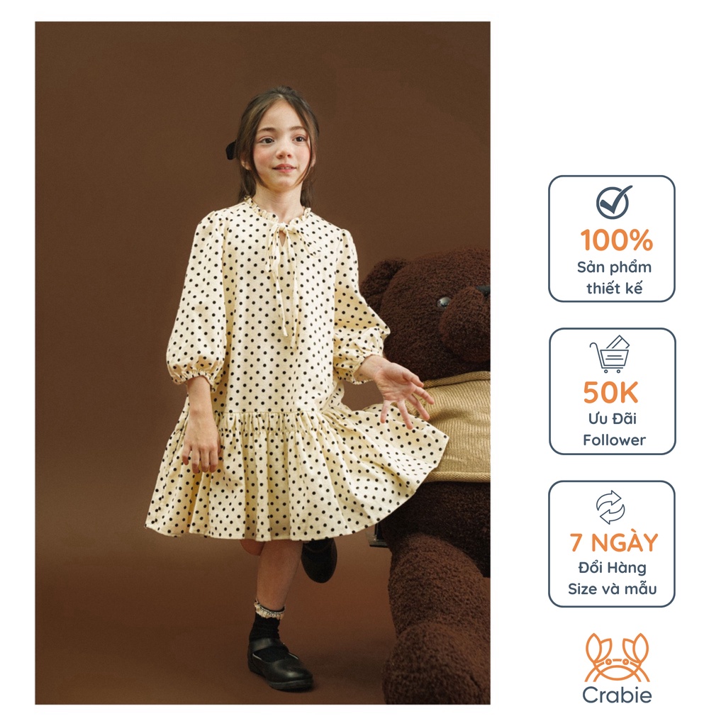 Đầm thiết kế bé gái CRABIE dài tay suông nấm cổ thắt nơ chấm bi xinh xắn - Mary Dress - Be
