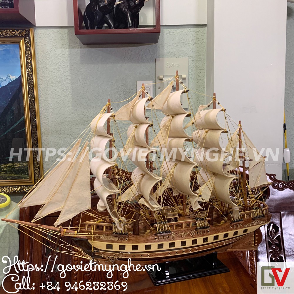 Mô hình thuyền gỗ trang trí phong thủy France II của Pháp - Thân tàu dài 60cm - Gỗ xoan đào đỏ