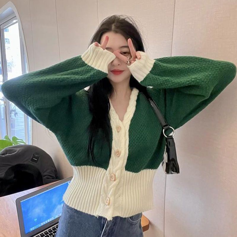 Áo Khoác Cardigan Dệt Kim Tay Phồng Màu Sắc Tương Phản Phong Cách Retro Thời Trang Thu Đông