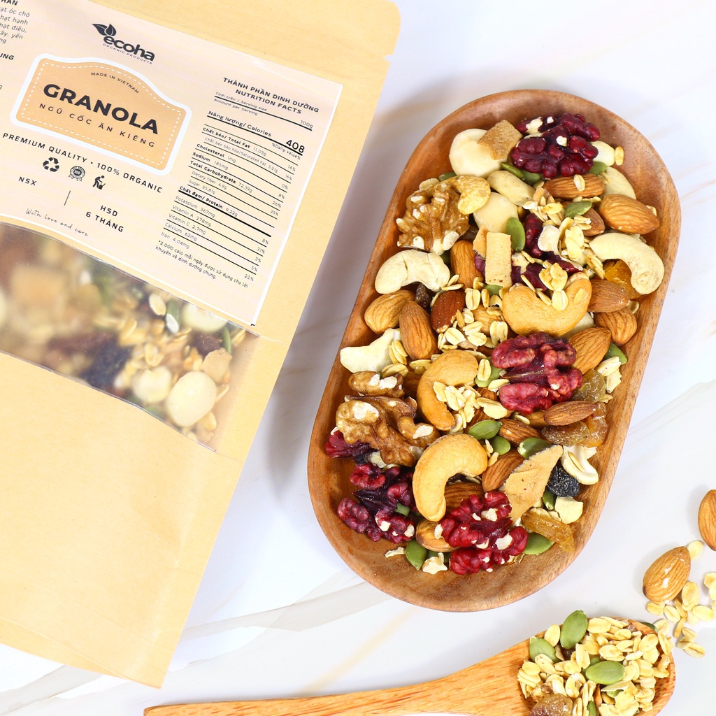 Granola ăn kiêng siêu hạt thêm macca, óc chó, ngũ cốc giảm cân không đường thơm giòn ECOHA