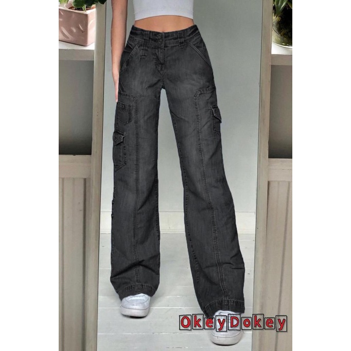 Quần jean nữ ống rộng lưng cao màu xanh trơn có túi