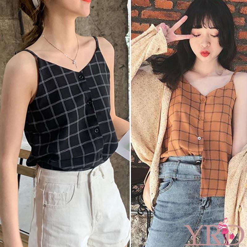 Áo chiffon nữ không tay cổ chữ V họa tiết caro thời trang Hàn Quốc | BigBuy360 - bigbuy360.vn