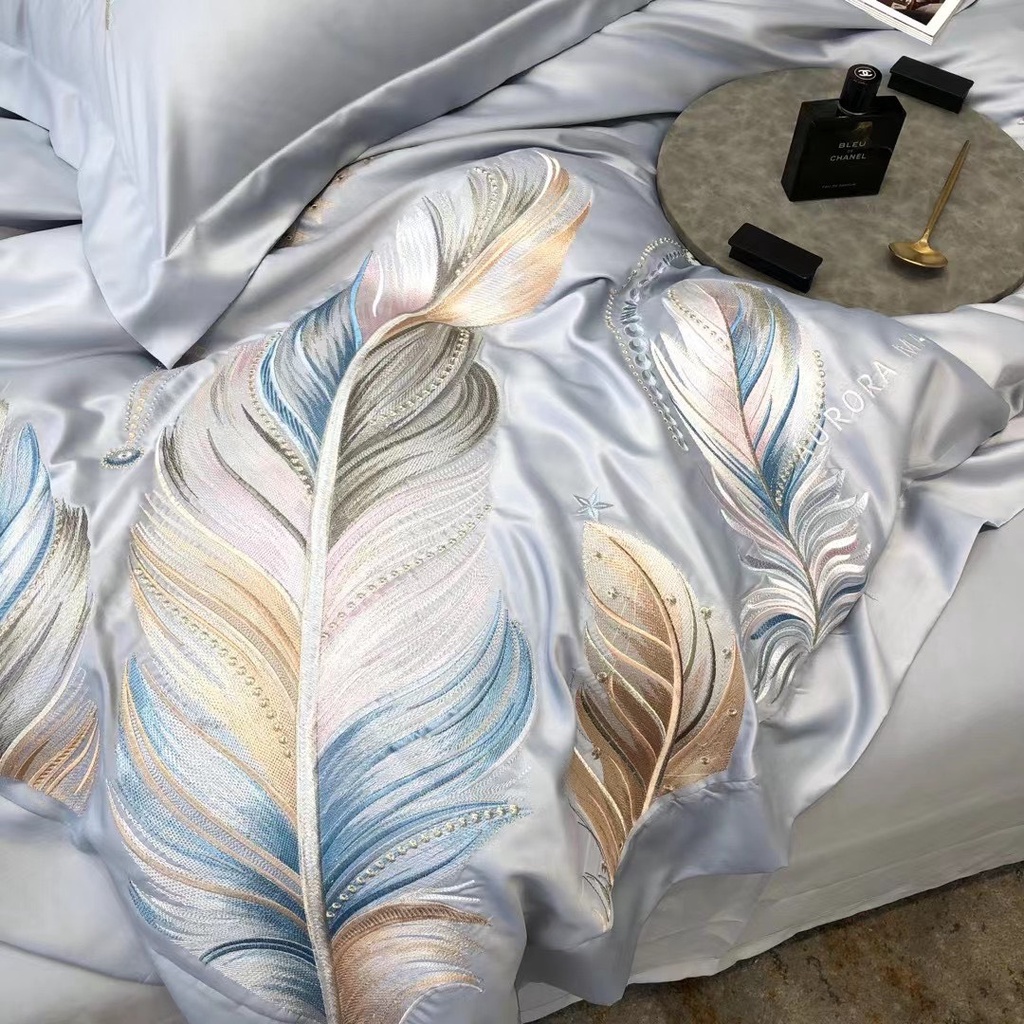 Bộ chăn ga gối lụa silk thêu long vũ cao cấp- Chất lụa silk mềm mượt không nhăn,họa tiết thêu sắc nét