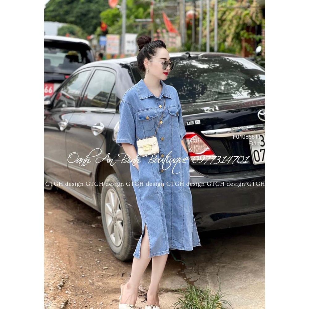 Đầm jean dáng suông nút xẻ lai cổ bẻ có túi tay ngắn!