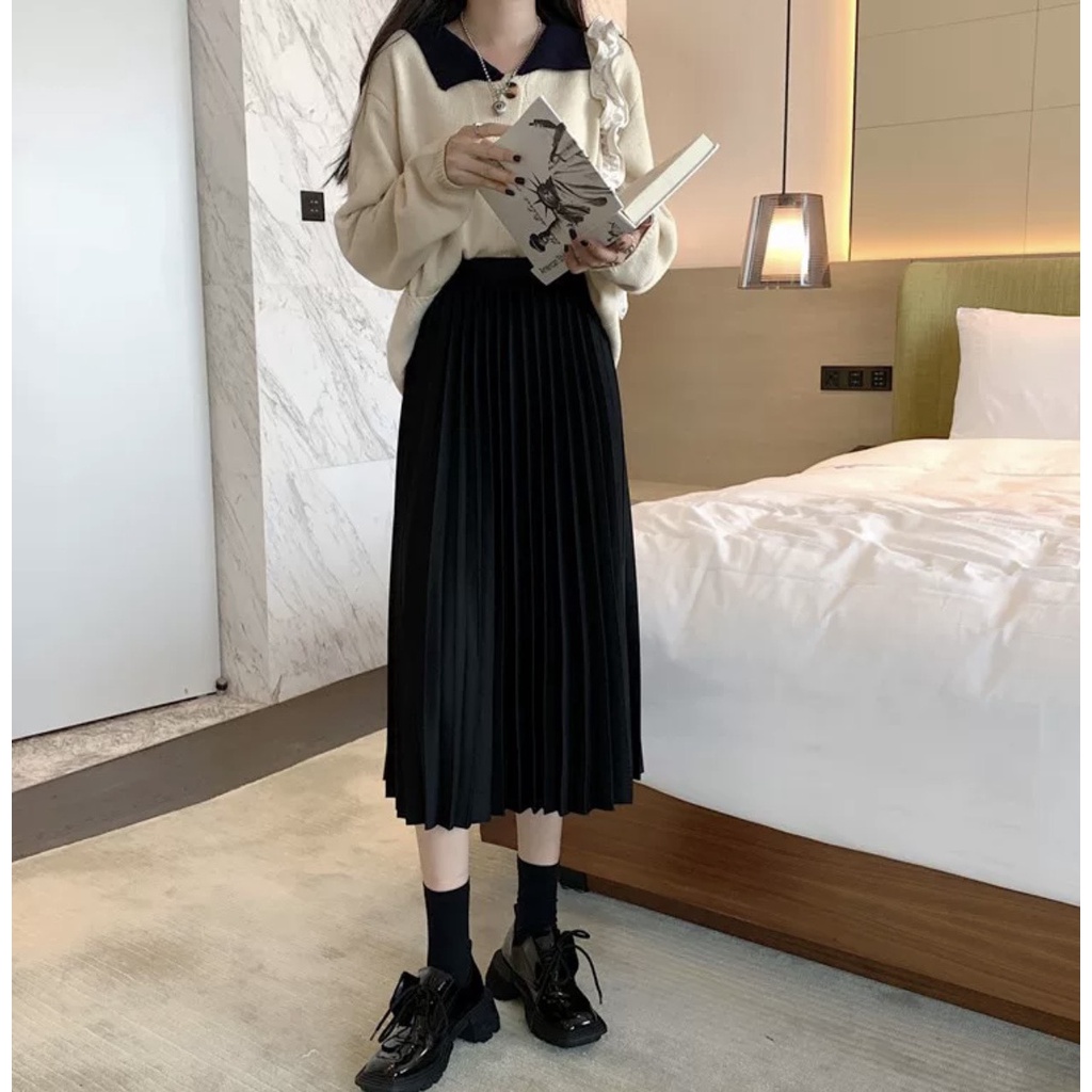 Chân váy midi trơn cạp chun xếp li dáng dài ulzzang