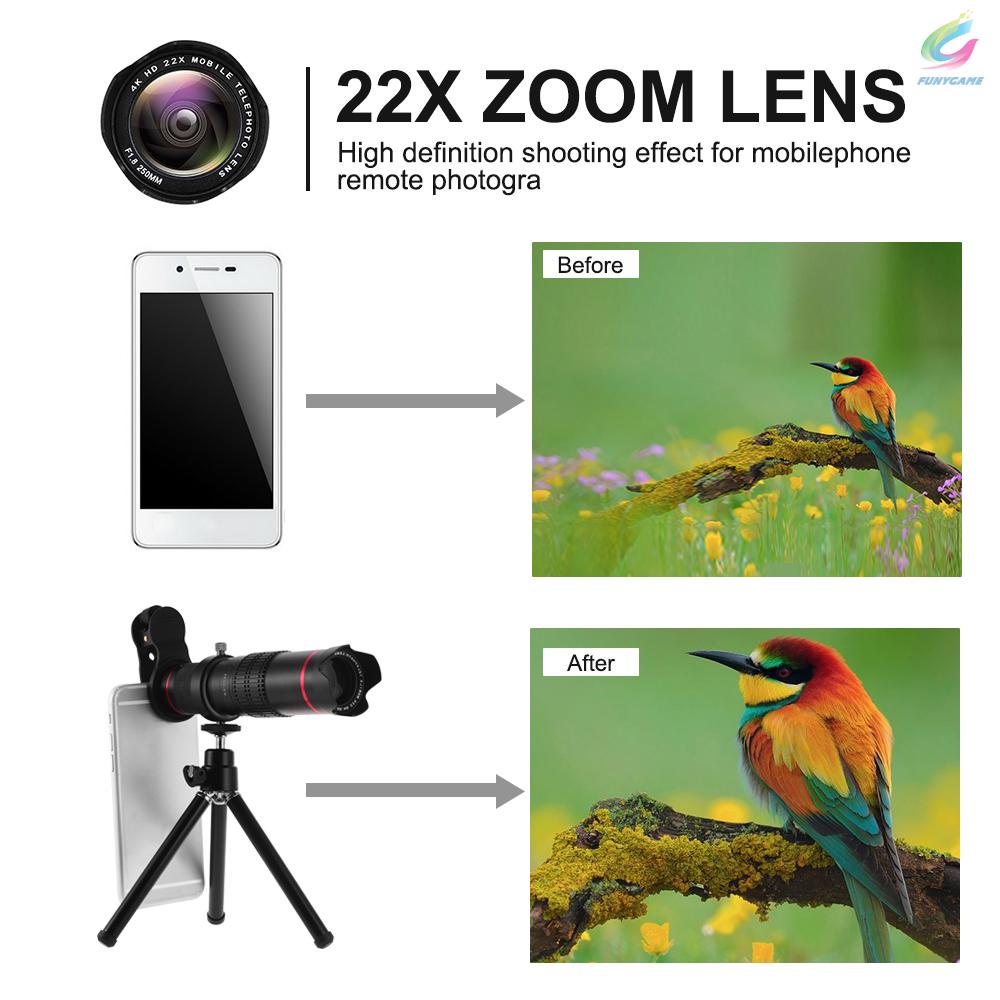 FY Portable Clip-on Phone Camera Lens Kit 22X Zoom Telephoto Lens Mobile Phone Zoom Telescope Adjustable Smartphone Lens Support Naked Eye Observation with Tripod for iPhoneX/8/7/6 Samsung Huawei Smartphone