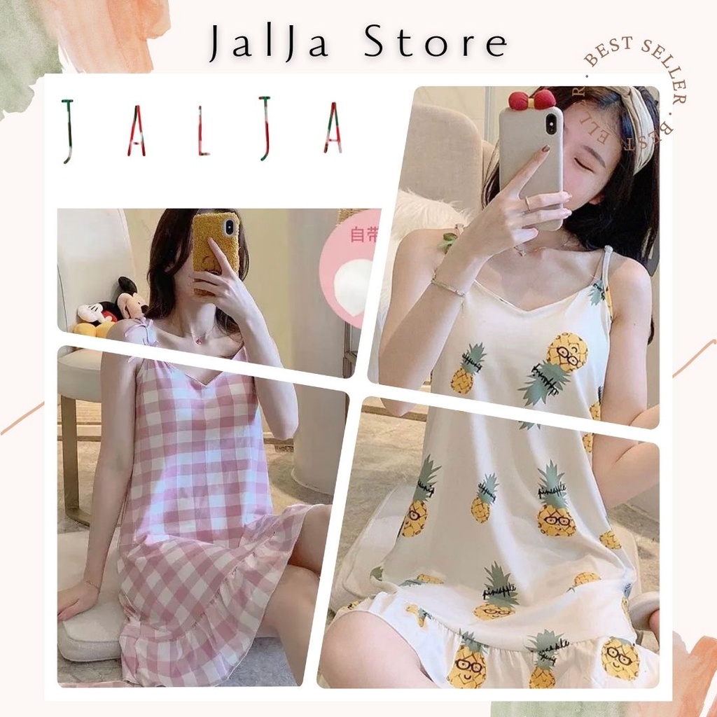 Váy ngủ hai dây nữ đầm ngủ thun cotton mềm mịn mặc nhà có đệm ngực đuôi cá xếp ly họa tiết dễ thương JALJA Vay06