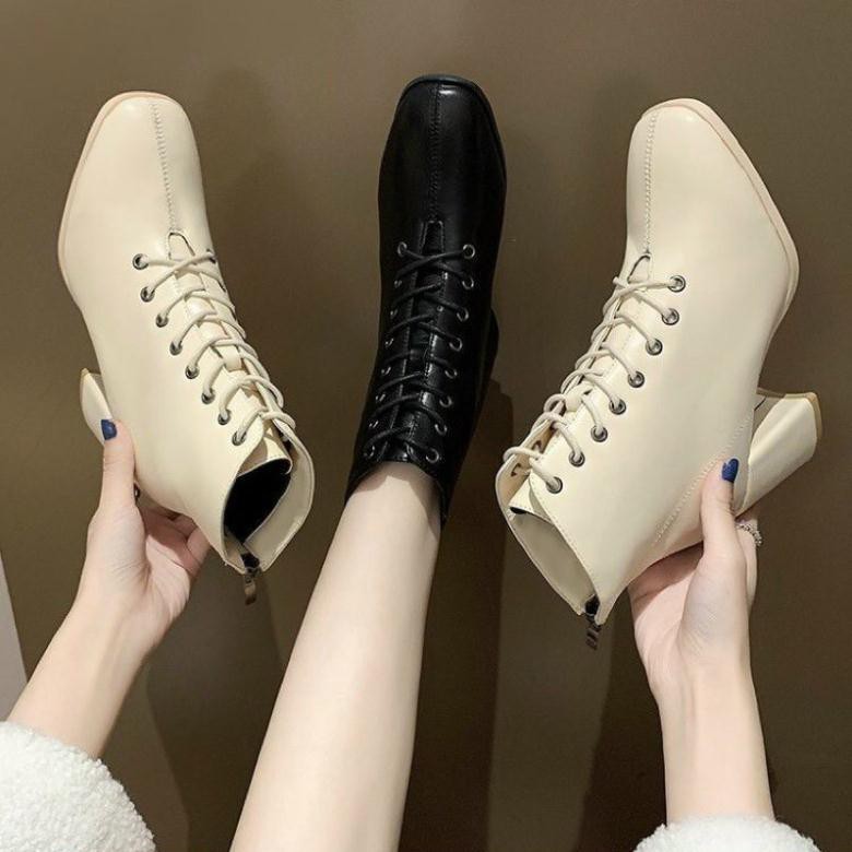 ODER Bốt Da Mờ Cao Cổ Dây Buộc Đan Trước Có Khoá Kéo Sau lót Lông Fullbox M5265