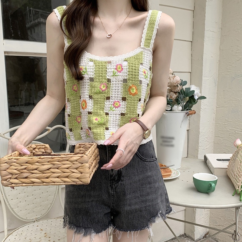 Xiangbao Áo Crop Top Dệt Kim Rỗng Thêu Hoa Màu Tương Phản Không Tay Cho Nữ Sw