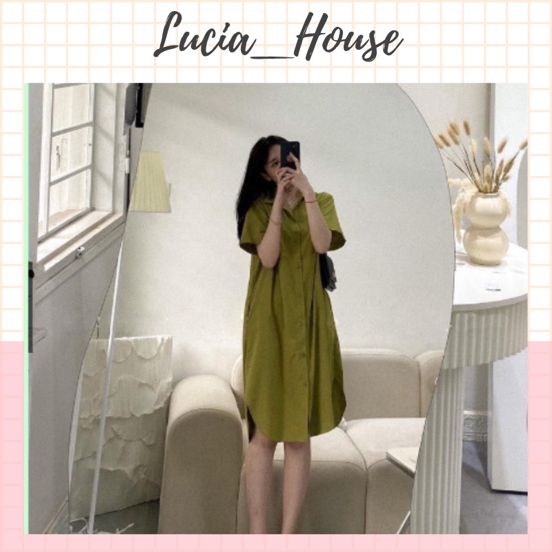 Váy sơ mi suông Lucia chất đũi xước dáng dài - Đầm xuông tay ngắn cổ đức phối túi ngực vạt bầu