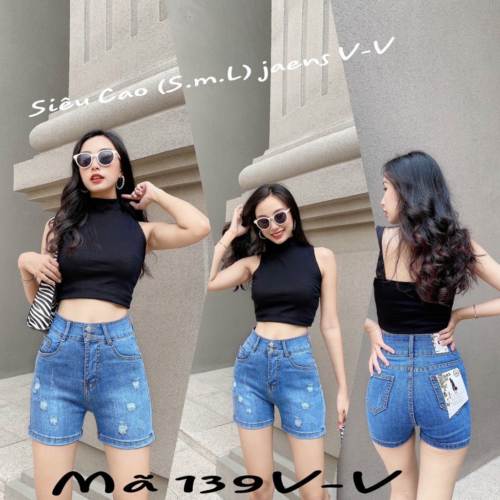 Quần sọt jean nữ hàng co giãn mẫu rách lưng siêu cao