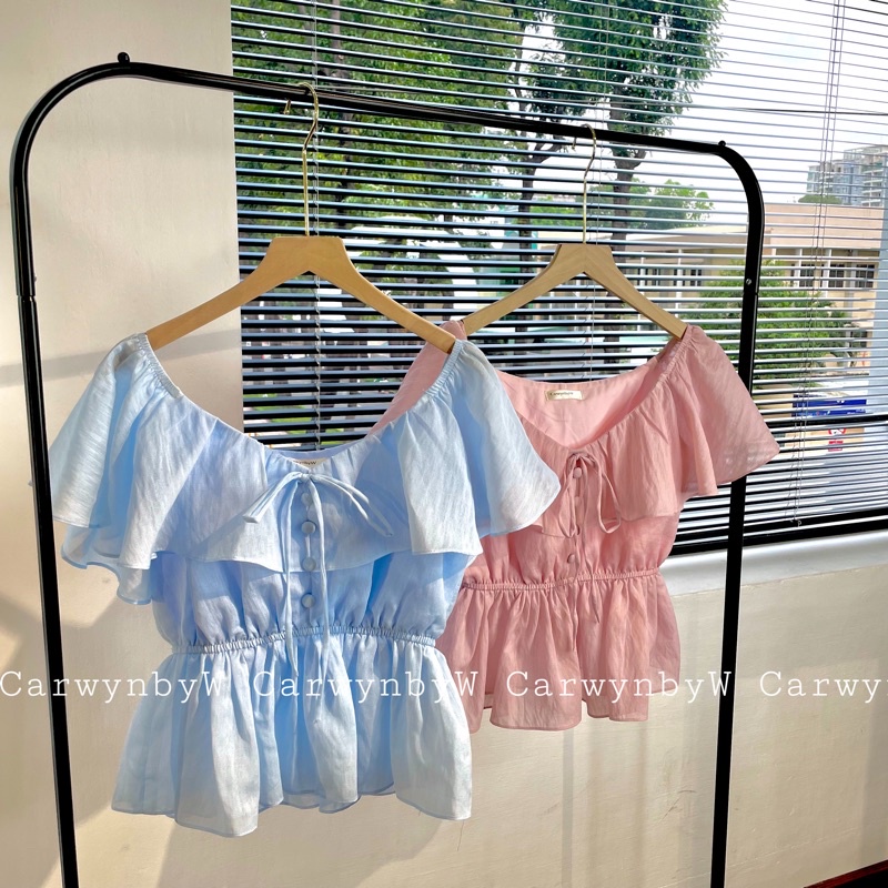 CarwynbyW - Áo Cổ V Viền Bèo Chiết Eo Màu Pastel