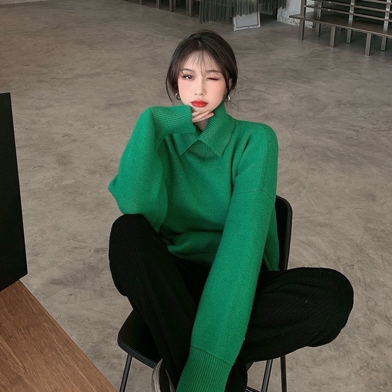 Áo len dày cổ cao dáng rộng thiết kế mới thời trang thu đông cho nữ