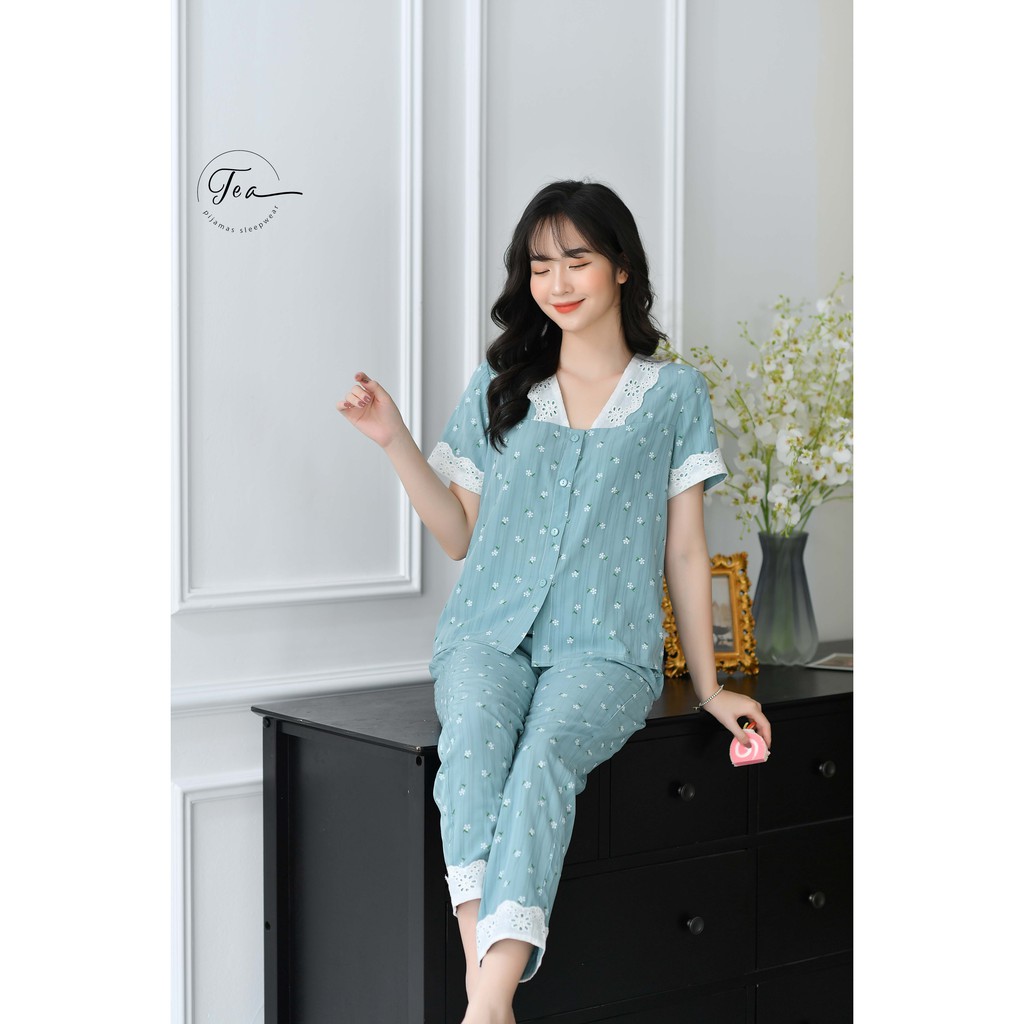 Bộ Mặc Nhà Pyjama Chất Đũi Tea Store Họa Tiết Hoa Nhí