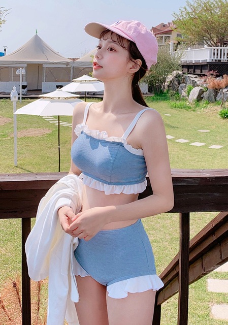Bikini, đồ bơi 2 mảnh áo ống xanh duơng dễ thương chất vải thun gân (hàng Quảng Châu loại 1)
