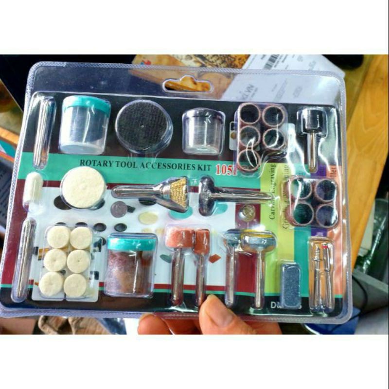 Bộ phụ kiện máy khoan mài điện mini cầm tay 105 chiếc đa năng dùng quay, mài, đánh bóng gỗ