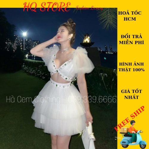 Đầm đi tiệc lưới tầng hơ bụng đính cườm, váy xoè bồng cổ tim tay ngắn kèm mút - Maxi HQ store