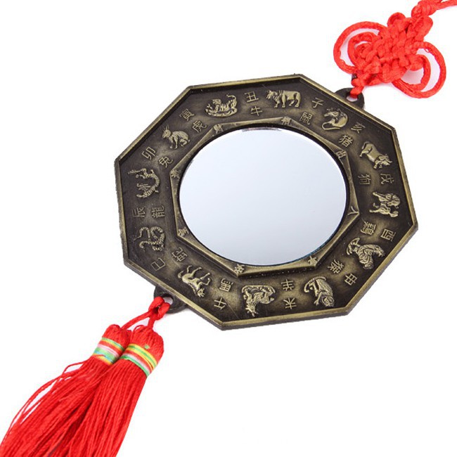 Gương bát quái phẳng treo phong thủy âm dương kẽm mặt sau gương phẳng 12 con giáp có dây tâm kết đồ thờ cúng phong thủy