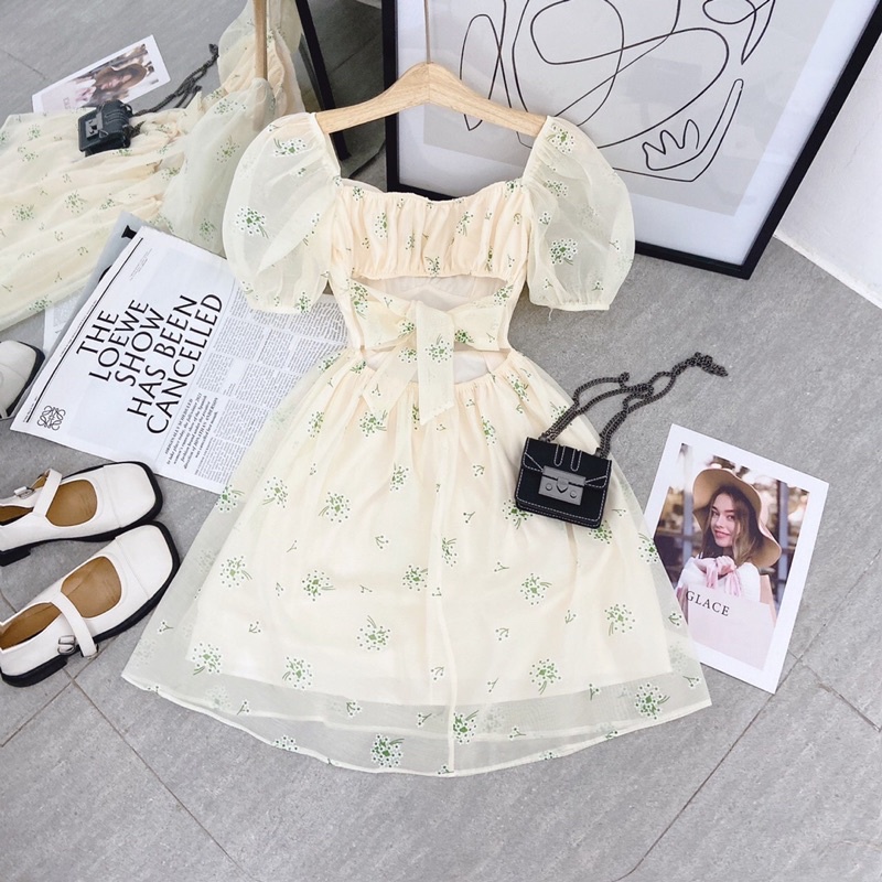 ĐẦM HOA CUTOUT NƠ LƯNG BO EO