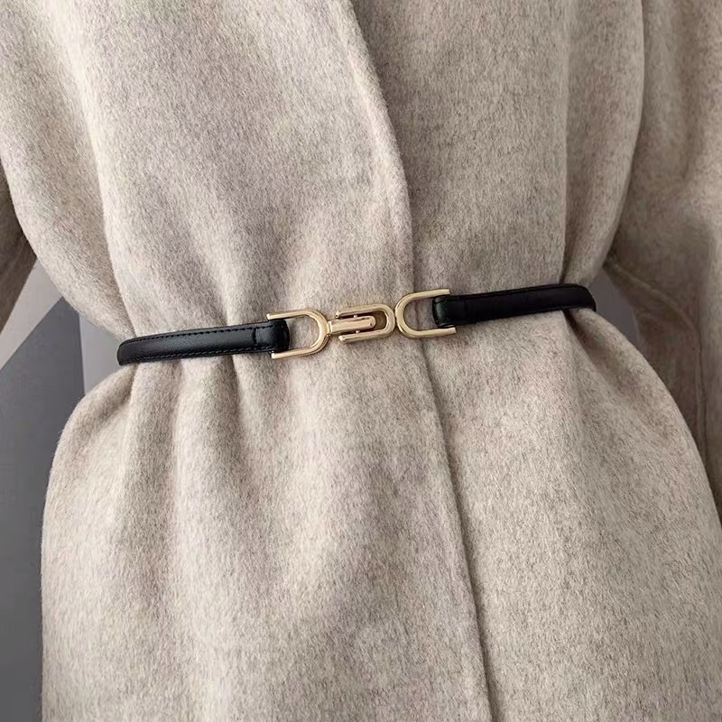 Thắt lưng dây nịt nữ bản nhỏ 1cm da thật khóa móc chữ U mạ màu vàng hồng đai buộc áo váy len khoác dạ rút eo 2 bên
