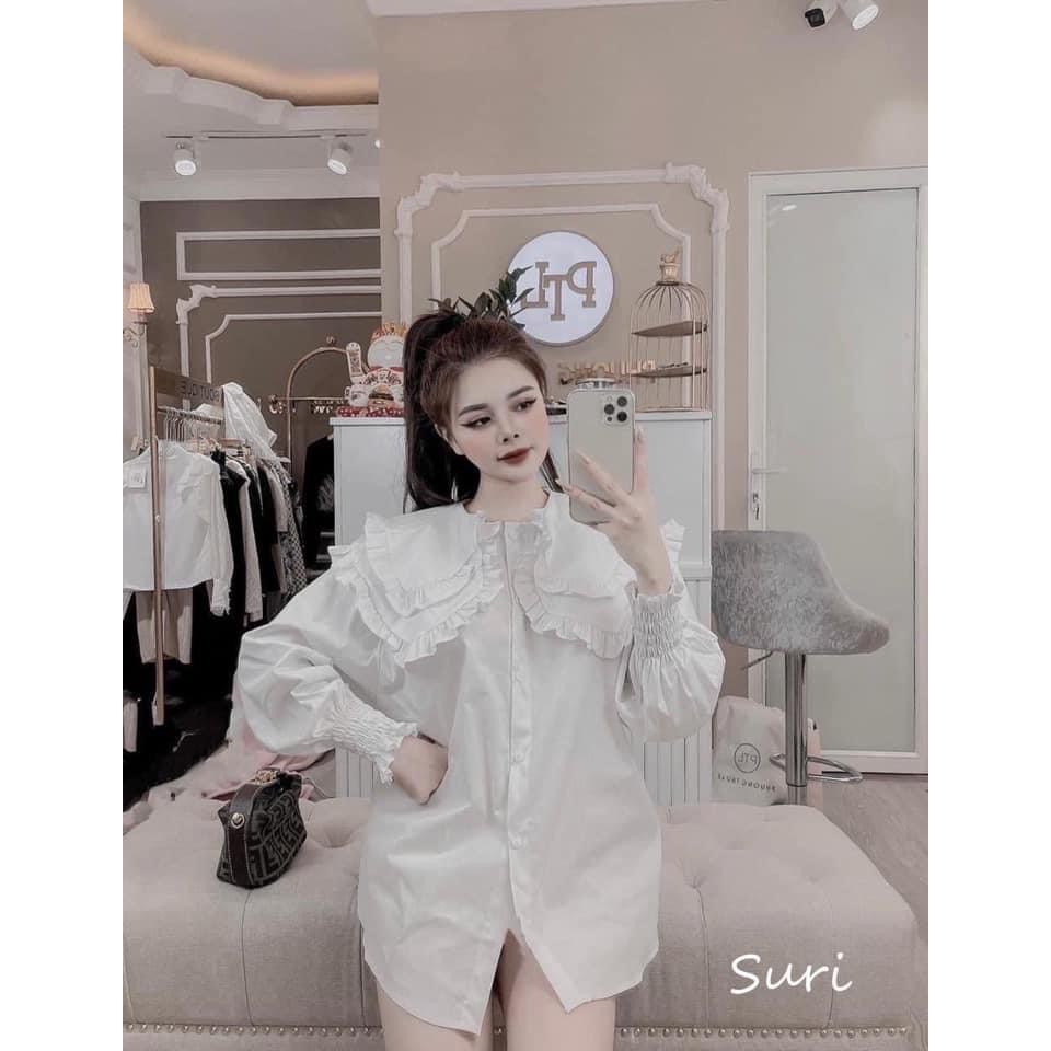 Sơ mi trắng chất thô bo tay cổ 2 bèo ( ảnh thật+ video )