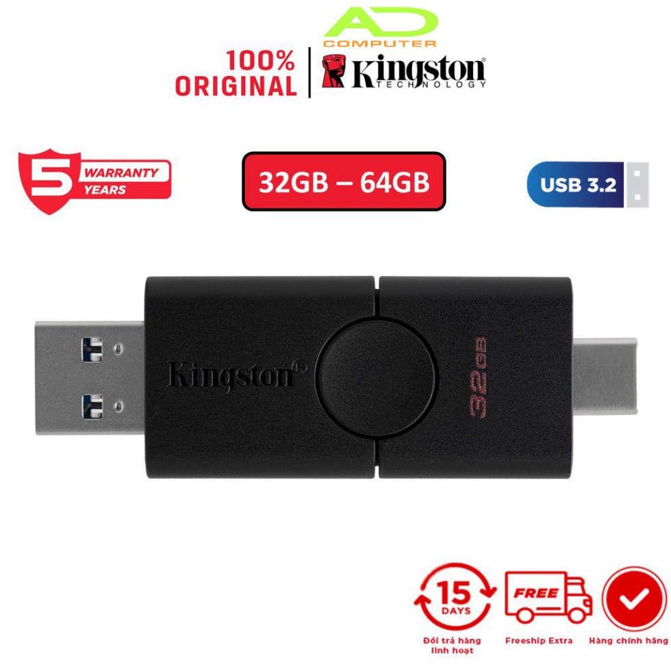 USB Kingston 3.2 Gen 1 32Gb DataTraveler Duo Cổng Type A và Type C DTDE/32GB - Hàng chính hãng