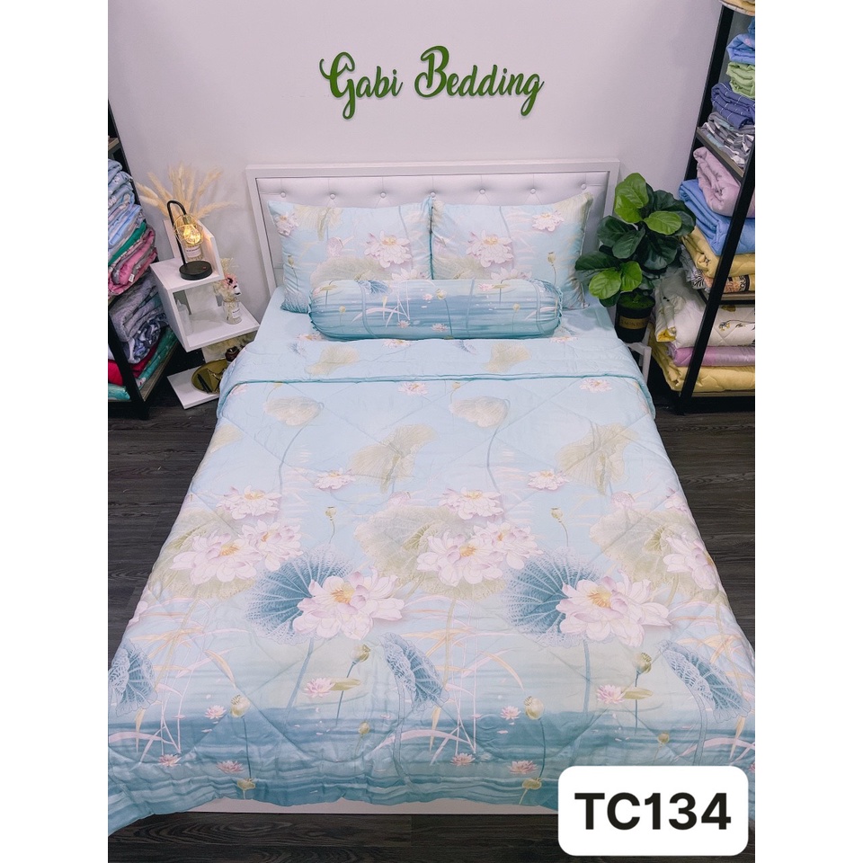 Bộ Chăn Ga Gối Drap Giường Lụa Tencel 60s - Hồ Sen, Chống nhăn - kháng khuẩn - mềm mịn mát